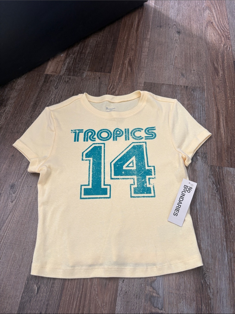 No Boundaries Pale Yellow Tee with Teal "TROPICS 14" Graphic